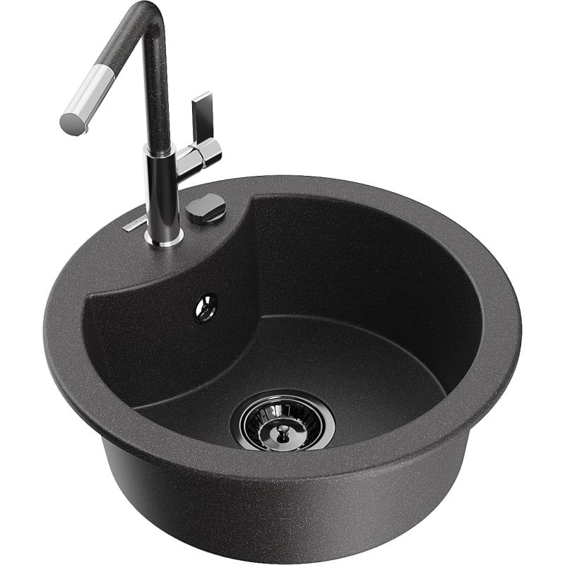 Mexen Diego granite sink single-bowl with Flora kitchen faucet, black speckled - 6512-76-670401-08-B