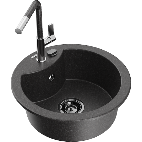 Mexen Diego 1-Bowl Granite Sink with Flora Kitchen Tap, Black Spotted - 6512-76-670401-08-B
