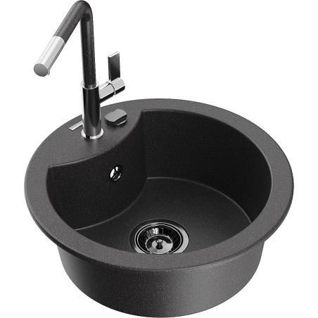 Mexen Diego 1-compartment granite sink with a kitchen mixer tap Flora, spotted black - 6512-76-670401-08-B