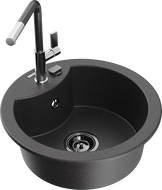Mexen Diego granite sink single-bowl with Flora kitchen faucet, black speckled - 6512-76-670401-08-B