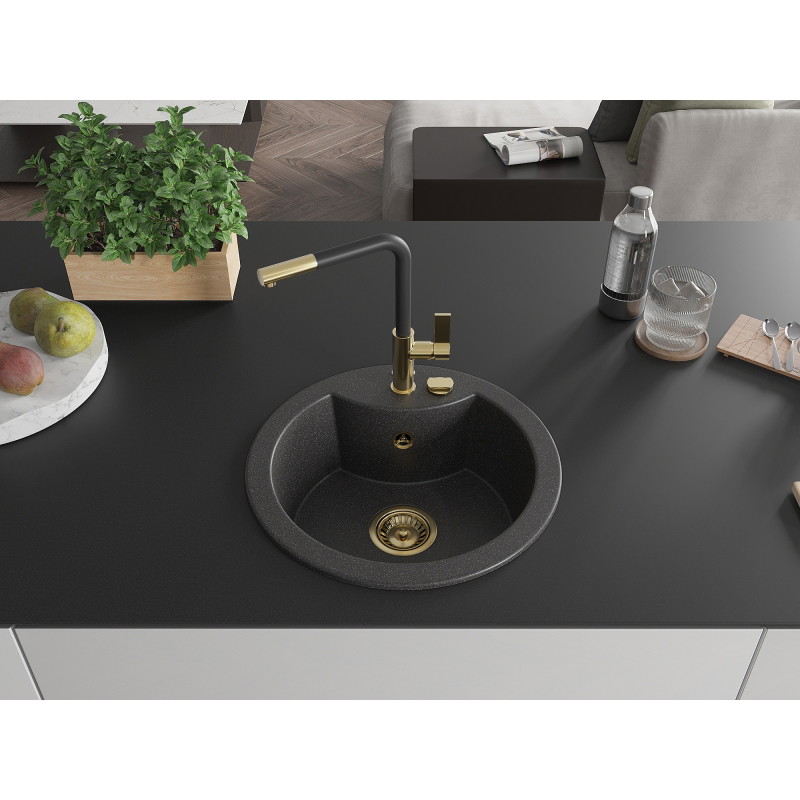 Mexen Diego 1-bowl granite kitchen sink with Flora faucet, speckled black - 6512-76-670401-57-G