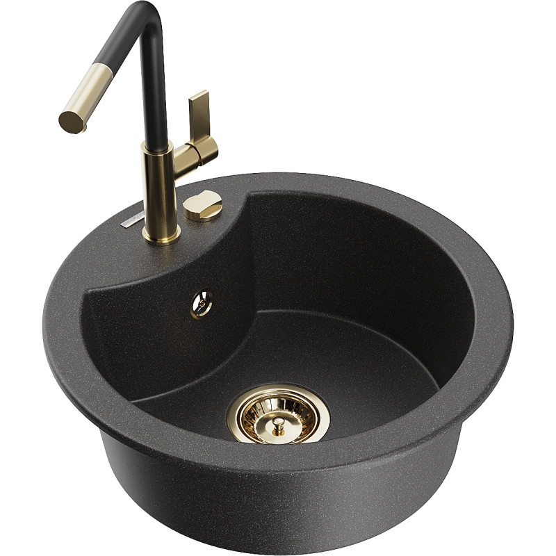Mexen Diego 1-bowl granite kitchen sink with Flora faucet, speckled black - 6512-76-670401-57-G