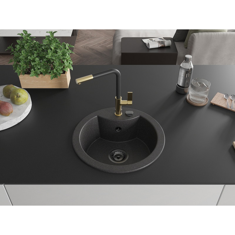 Mexen Diego granite kitchen sink 1-bowl with Flora kitchen faucet, speckled black - 6512-76-670401-57-B