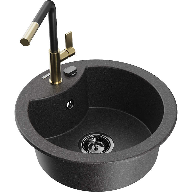 Mexen Diego 1-compartment granite sink with a kitchen mixer tap Flora, spotted black - 6512-76-670401-57-B