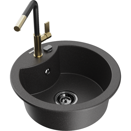 Mexen Diego 1-bowl granite sink with Flora kitchen faucet, black spotted - 6512-76-670401-57-B