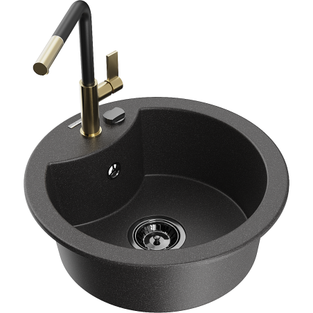 Mexen Diego 1-bowl granite sink with Flora kitchen tap, black speckled - 6512-76-670401-57-B