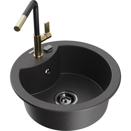 Mexen Diego granite kitchen sink 1-bowl with Flora kitchen faucet, speckled black - 6512-76-670401-57-B