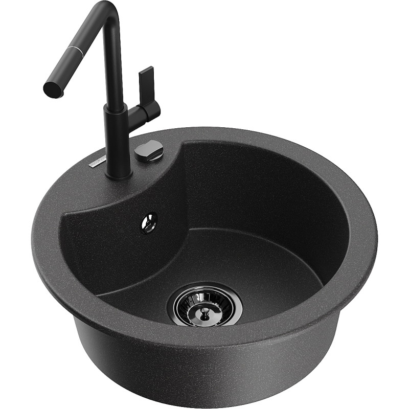 Mexen Diego 1-bowl granite sink with Flora kitchen faucet, speckled black - 6512-76-670401-70-B