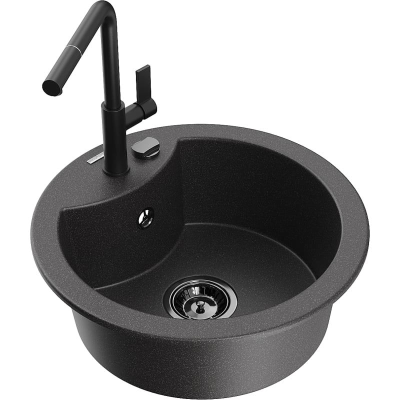 Mexen Diego granite single-bowl sink with Flora kitchen faucet, black speckled - 6512-76-670401-70-B