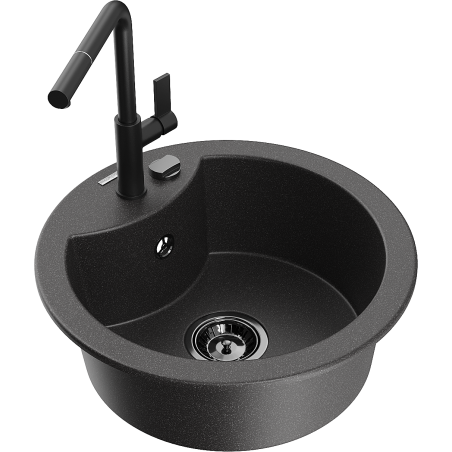 Mexen Diego granite single-bowl sink with Flora kitchen faucet, black speckled - 6512-76-670401-70-B