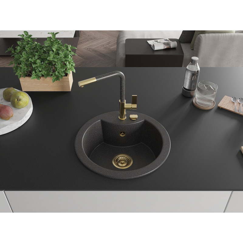 Mexen Diego granite single-bowl kitchen sink with Flora faucet, speckled black - 6512-76-670401-75-G