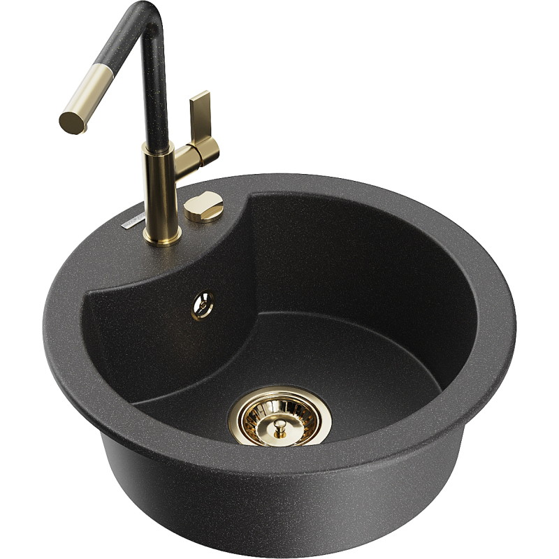 Mexen Diego granite single-bowl kitchen sink with Flora faucet, speckled black - 6512-76-670401-75-G