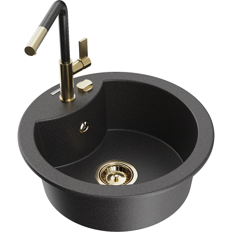 Mexen Diego granite single-bowl kitchen sink with Flora faucet, speckled black - 6512-76-670401-75-G