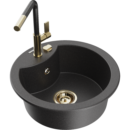 Mexen Diego Granite Sink Single Bowl with Flora Kitchen Mixer Tap, Black Speckled - 6512-76-670401-75-G
