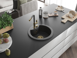 Mexen Diego 1-compartment granite sink with a kitchen mixer tap Flora, spotted black - 6512-76-670401-75-G