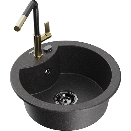 Mexen Diego granite 1-bowl sink with Flora kitchen faucet, black speckled - 6512-76-670401-75-B