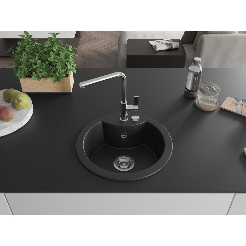 Mexen Diego 1-bowl granite sink with Flora kitchen faucet, black - 6512-77-670401-00