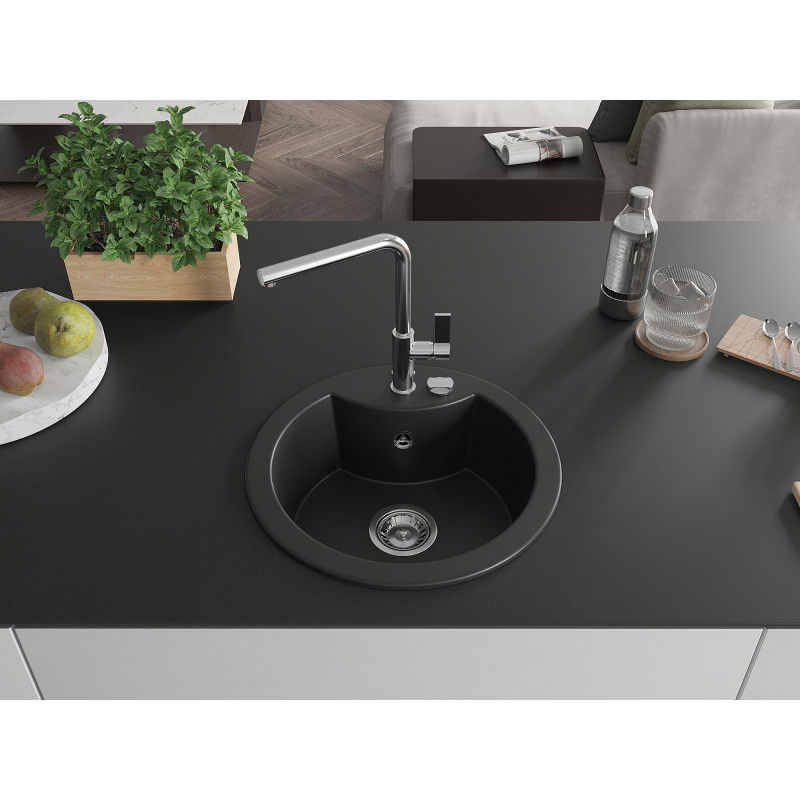Mexen Diego granite kitchen sink 1-bowl with Flora kitchen tap, black - 6512-77-670401-00