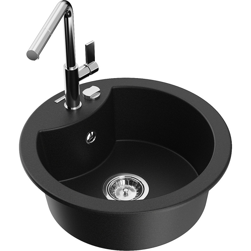 Mexen Diego 1-bowl granite sink with Flora kitchen faucet, black - 6512-77-670401-00