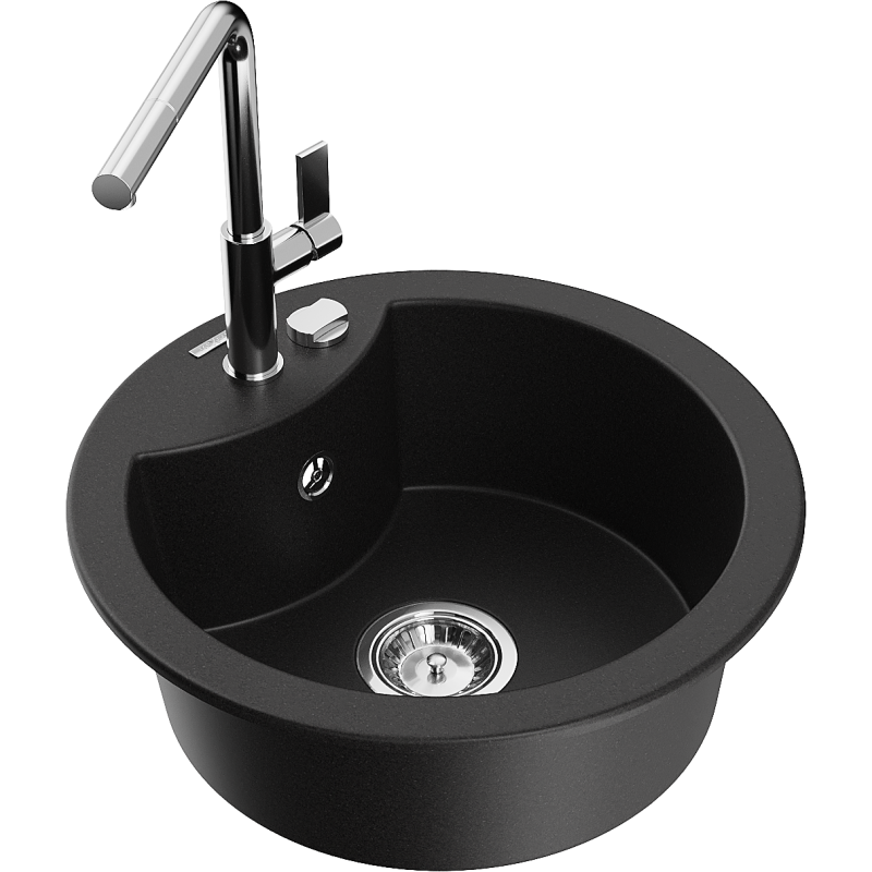 Mexen Diego 1-compartment granite sink with a kitchen mixer tap Flora, Black - 6512-77-670401-00