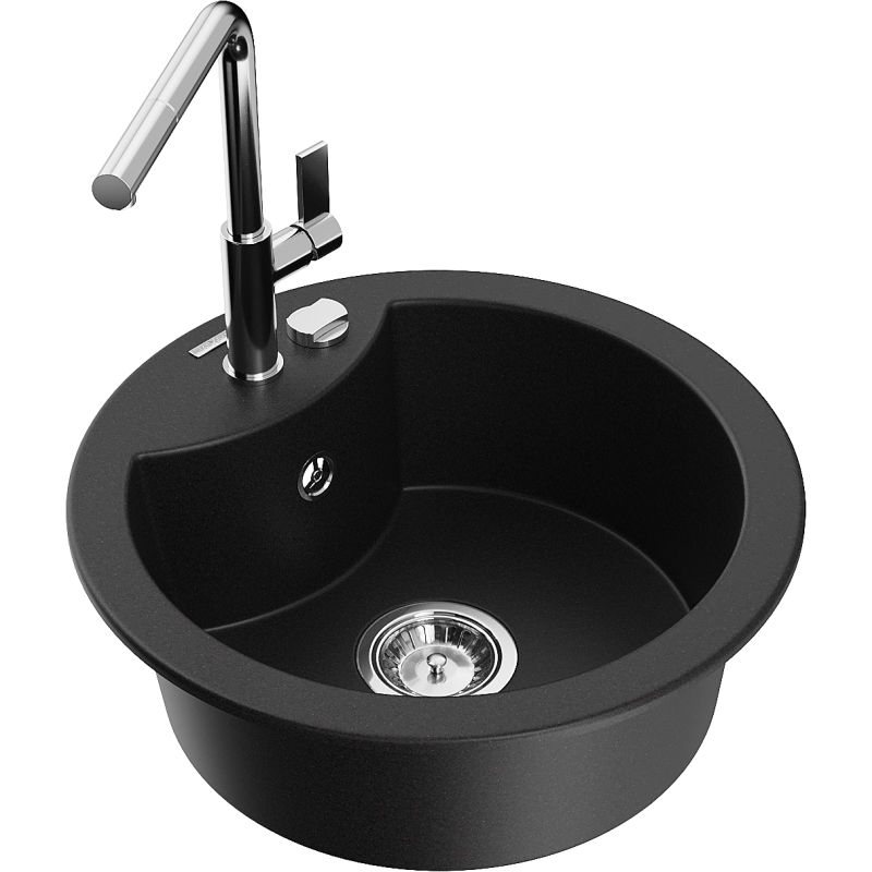 Mexen Diego granite kitchen sink 1-bowl with Flora kitchen tap, black - 6512-77-670401-00