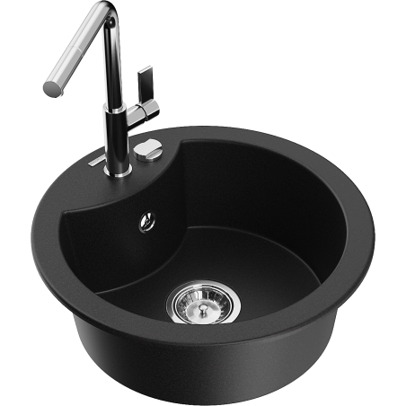 Mexen Diego granite kitchen sink 1-bowl with Flora kitchen tap, black - 6512-77-670401-00