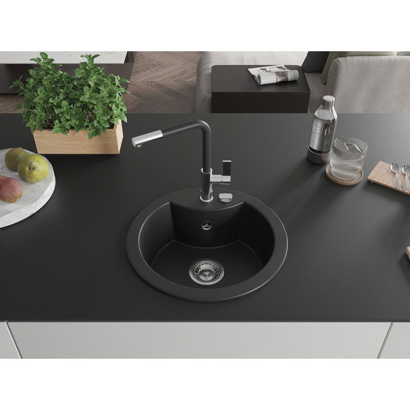 Mexen Diego Granite Kitchen Sink 1-Bowl with Flora Kitchen Tap, Black - 6512-77-670401-07
