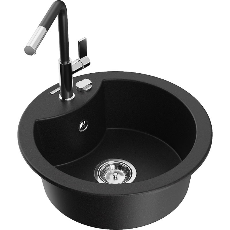 Mexen Diego 1-compartment granite sink with a kitchen mixer tap Flora, Black - 6512-77-670401-07