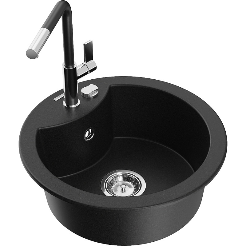 Mexen Diego granite kitchen sink with 1 basin and Flora kitchen faucet, black - 6512-77-670401-07