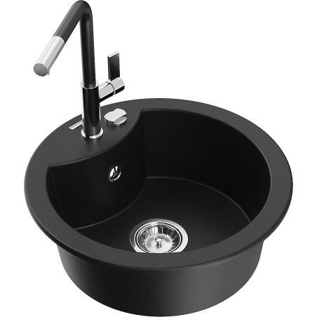 Mexen Diego granite kitchen sink with 1 basin and Flora kitchen faucet, black - 6512-77-670401-07