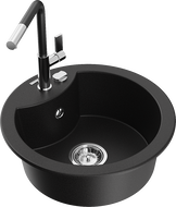 Mexen Diego granite kitchen sink with 1 basin and Flora kitchen faucet, black - 6512-77-670401-07