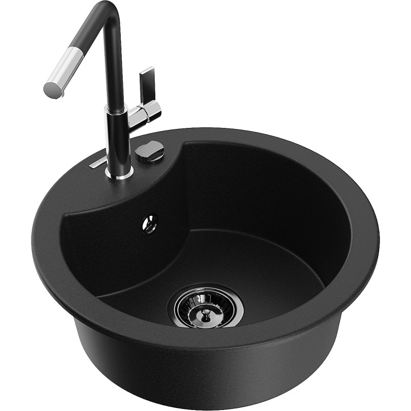 Mexen Diego granite sink 1-bowl with kitchen faucet Flora, black - 6512-77-670401-07-B