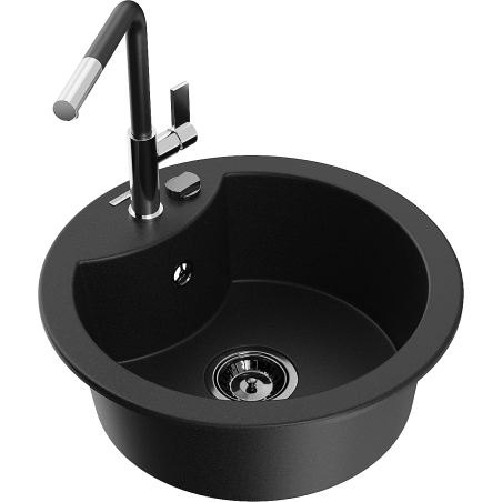 Mexen Diego granite sink 1-bowl with kitchen faucet Flora, black - 6512-77-670401-07-B