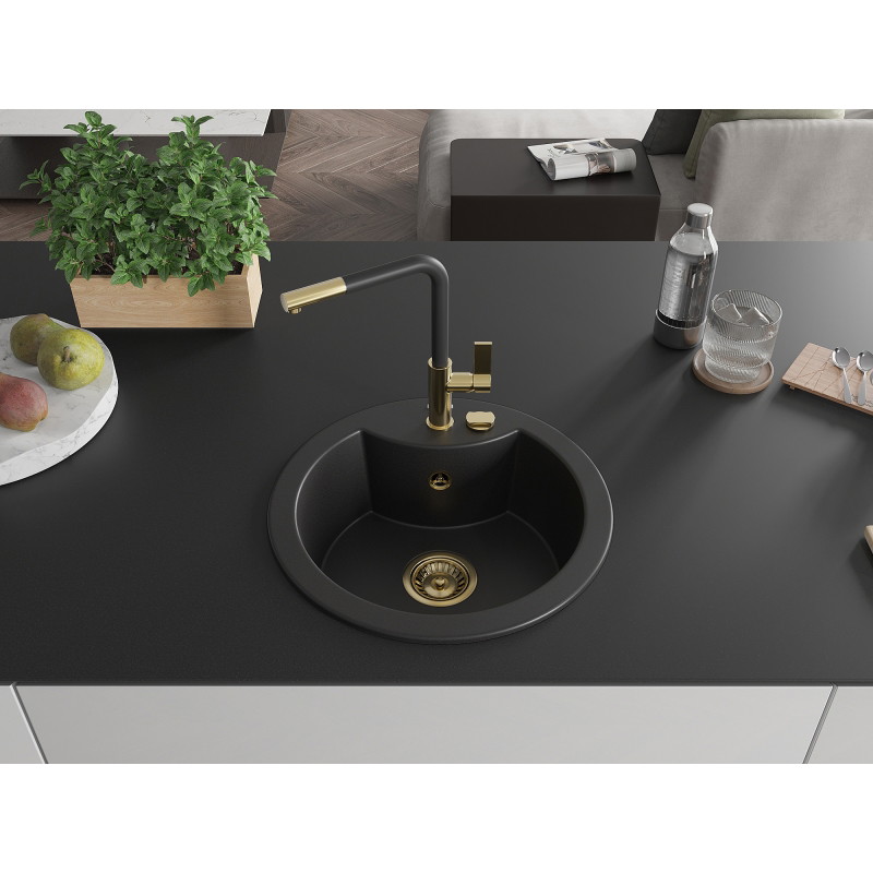 Mexen Diego 1-bowl granite kitchen sink with Flora faucet, black - 6512-77-670401-57-G