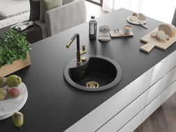 Mexen Diego 1-compartment granite sink with a kitchen mixer tap Flora, Black - 6512-77-670401-57-G