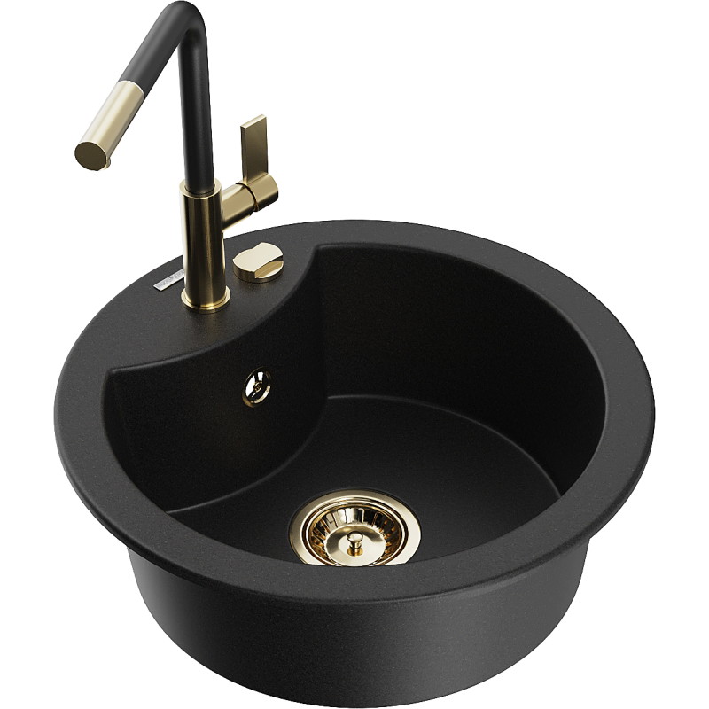 Mexen Diego 1-bowl granite kitchen sink with Flora faucet, black - 6512-77-670401-57-G