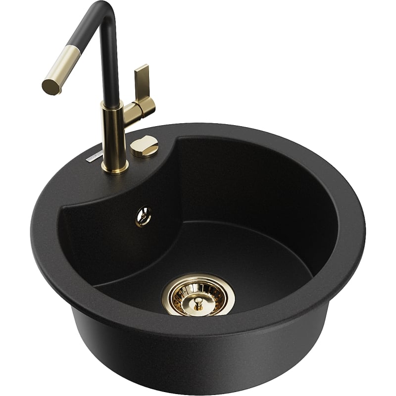 Mexen Diego 1-bowl granite sink with Flora kitchen faucet, black - 6512-77-670401-57-G