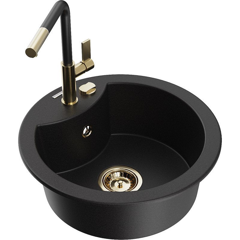 Mexen Diego 1-compartment granite sink with a kitchen mixer tap Flora, Black - 6512-77-670401-57-G