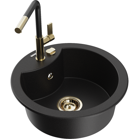 Mexen Diego 1-compartment granite sink with a kitchen mixer tap Flora, Black - 6512-77-670401-57-G