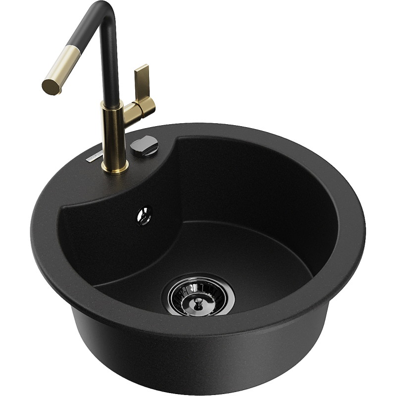 Mexen Diego granite kitchen sink 1-bowl with Flora kitchen faucet, black - 6512-77-670401-57-B