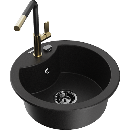 Mexen Diego granite kitchen sink 1-bowl with Flora kitchen faucet, black - 6512-77-670401-57-B