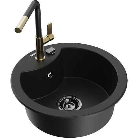 Mexen Diego single-bowl granite sink with Flora kitchen tap, black - 6512-77-670401-57-B