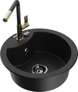 Mexen Diego granite kitchen sink 1-bowl with Flora kitchen faucet, black - 6512-77-670401-57-B