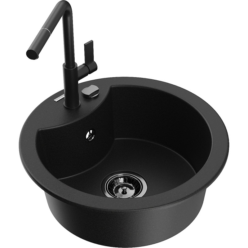 Mexen Diego 1-bowl granite sink with Flora kitchen faucet, black - 6512-77-670401-70-B