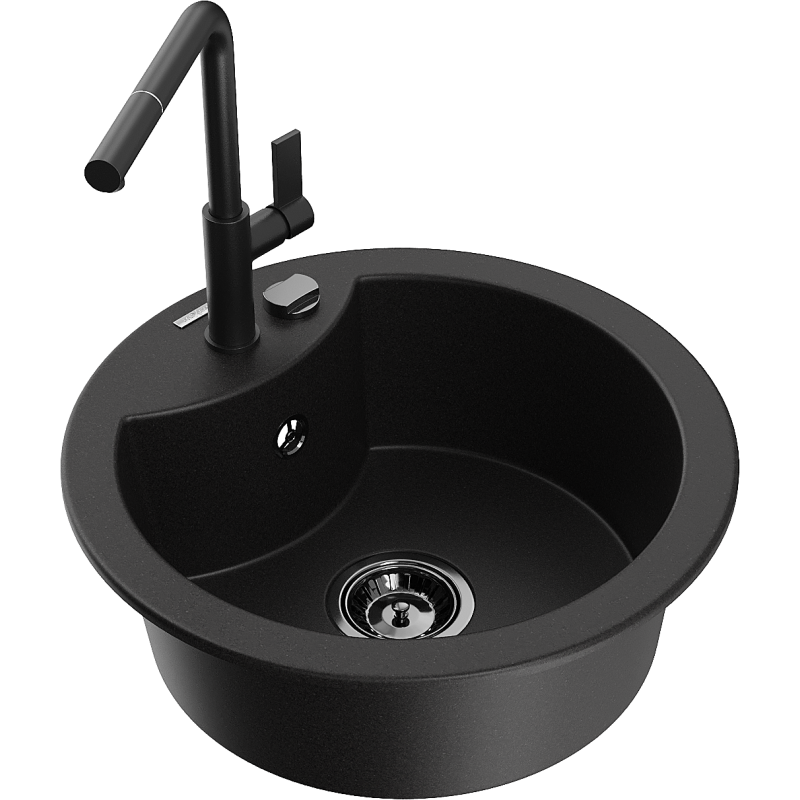 Mexen Diego 1-compartment granite sink with a kitchen mixer tap Flora, Black - 6512-77-670401-70-B