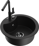 Mexen Diego granite sink 1-bowl with Flora kitchen tap, black - 6512-77-670401-70-B