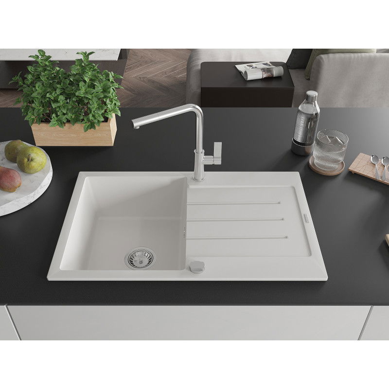 Mexen Bruno granite sink single bowl with drainer and Flora kitchen tap, white - 6513-20-670401-00