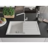 Mexen Bruno granite sink single bowl with drainer and Flora kitchen tap, white - 6513-20-670401-00