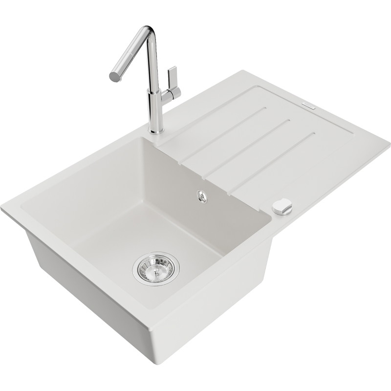 Mexen Bruno granite kitchen sink 1-bowl with drainer and Flora kitchen faucet, white - 6513-20-670401-00