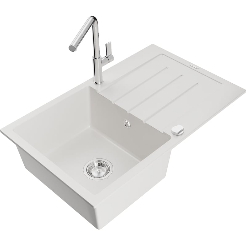 Mexen Bruno granite sink 1-bowl with drainer and Flora kitchen faucet, white - 6513-20-670401-00